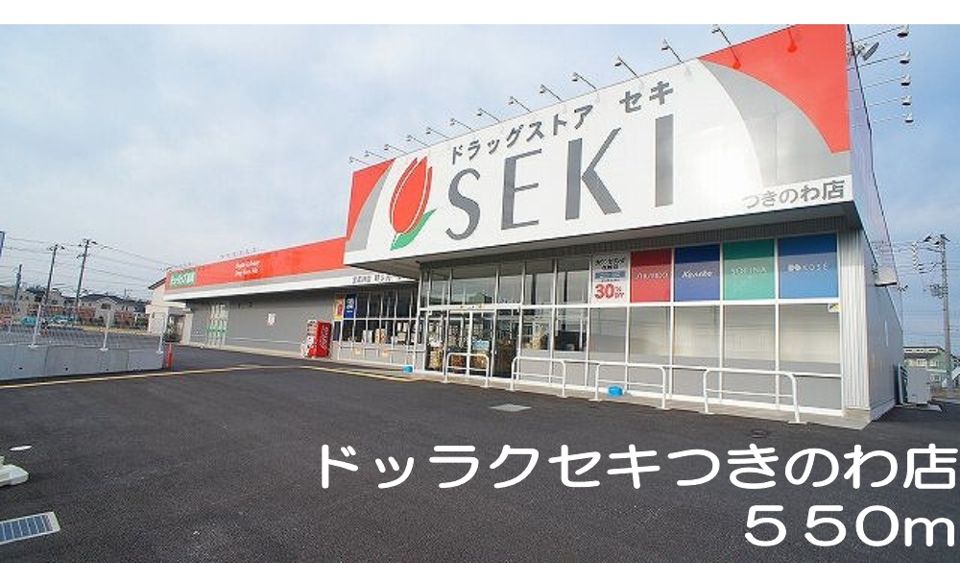 近くのドラックストアセキつきのわ店まで550m（徒歩7分）