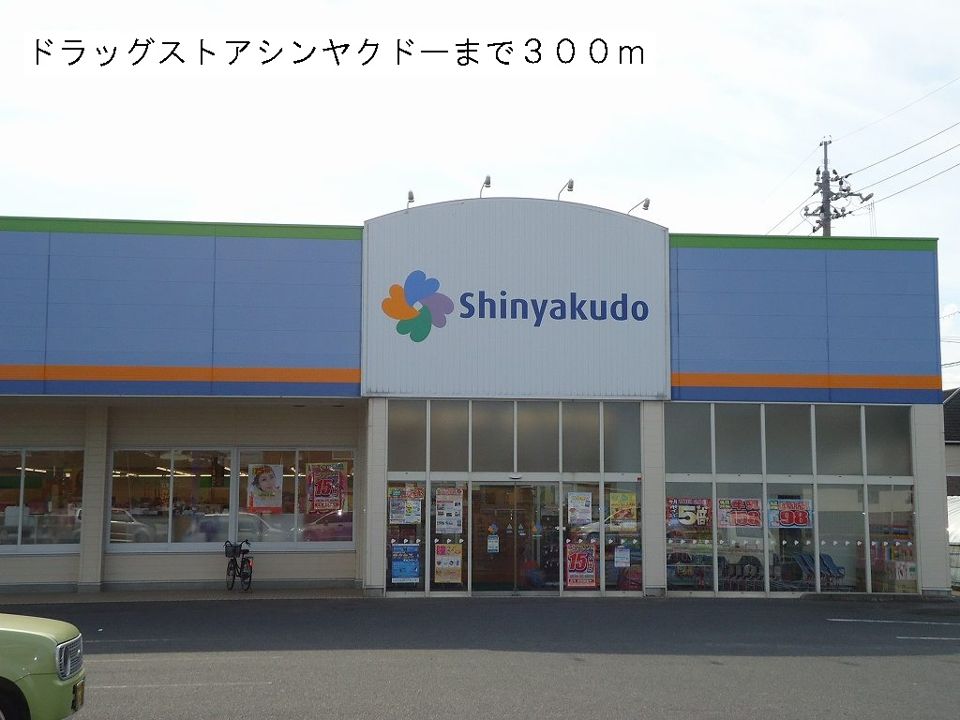 近くのドラッグストアシンヤクドーまで300m（徒歩4分）