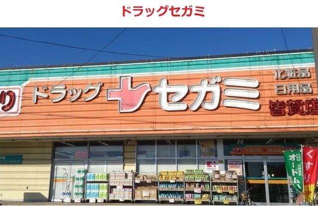 近くのドラッグセガミ　皆賀店まで600m（徒歩8分）