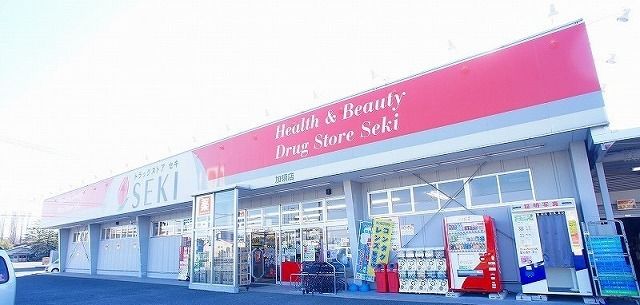 近くのドラッグストアセキ加須店まで750m（徒歩10分）